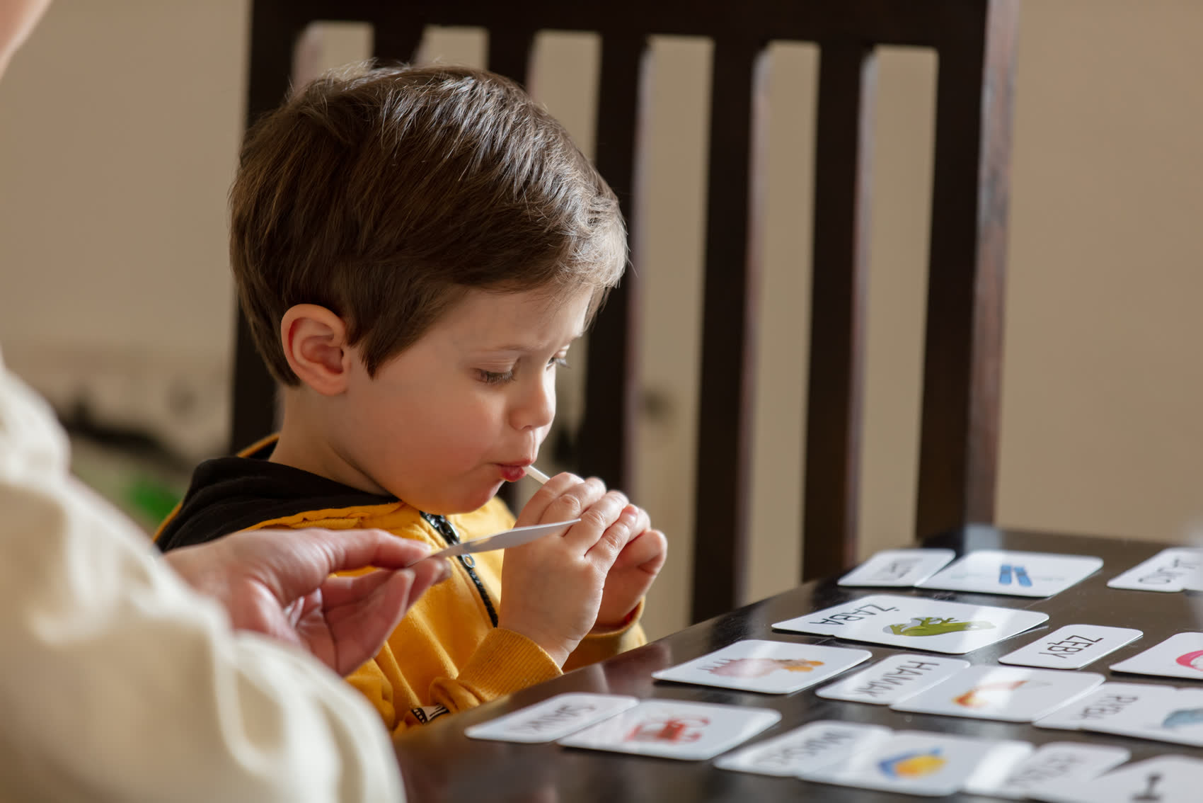 A young boy working through picture cards at a table