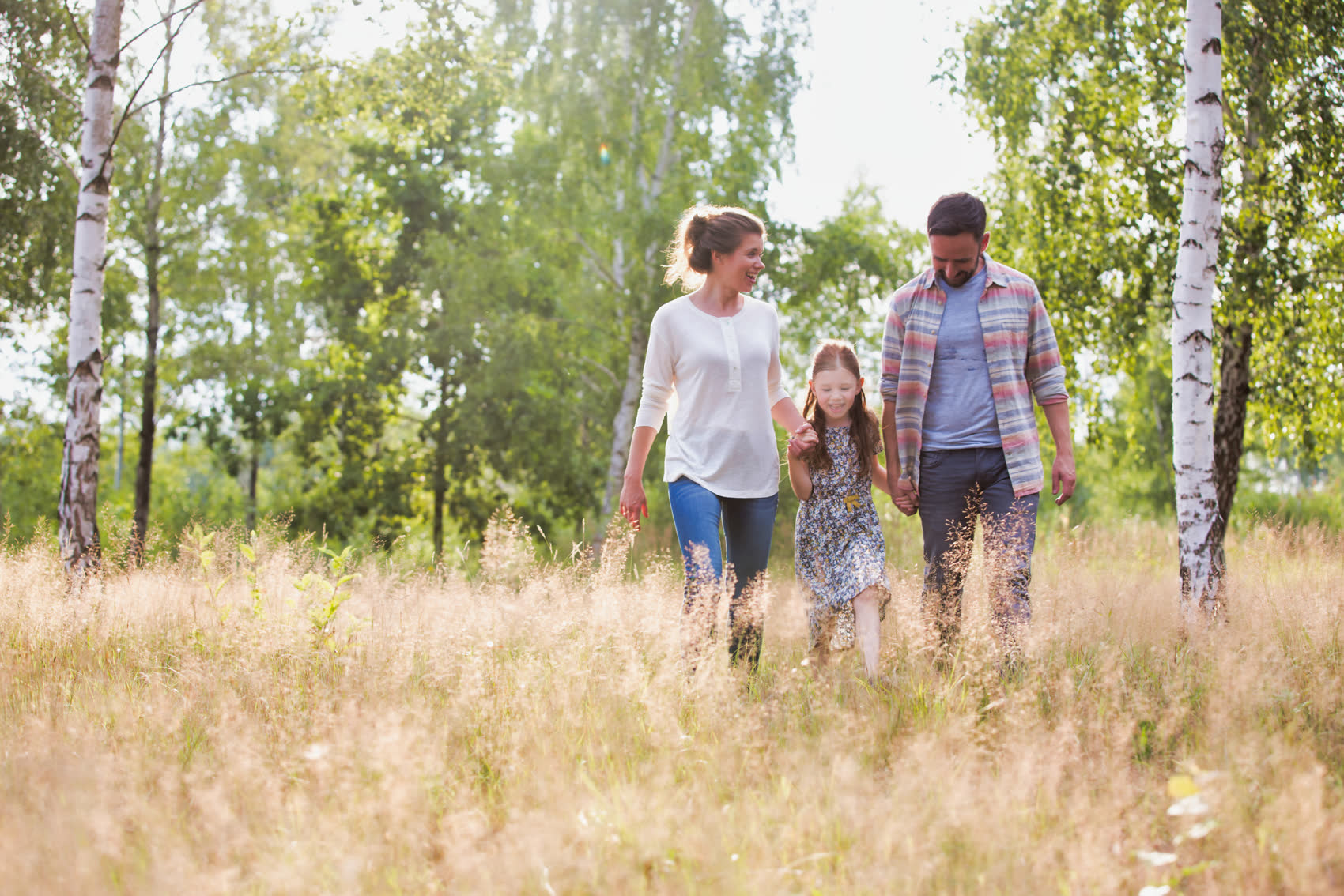A family walking hand in hand through a sunny meadow