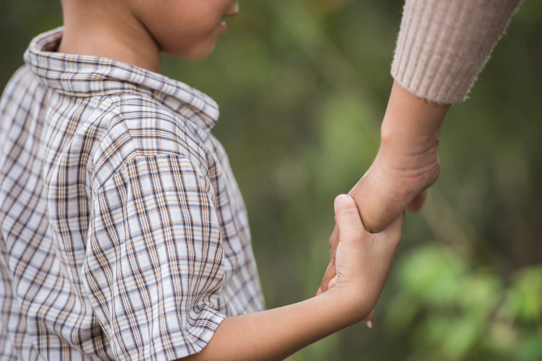 A young child holding a parent's hand and leading the way